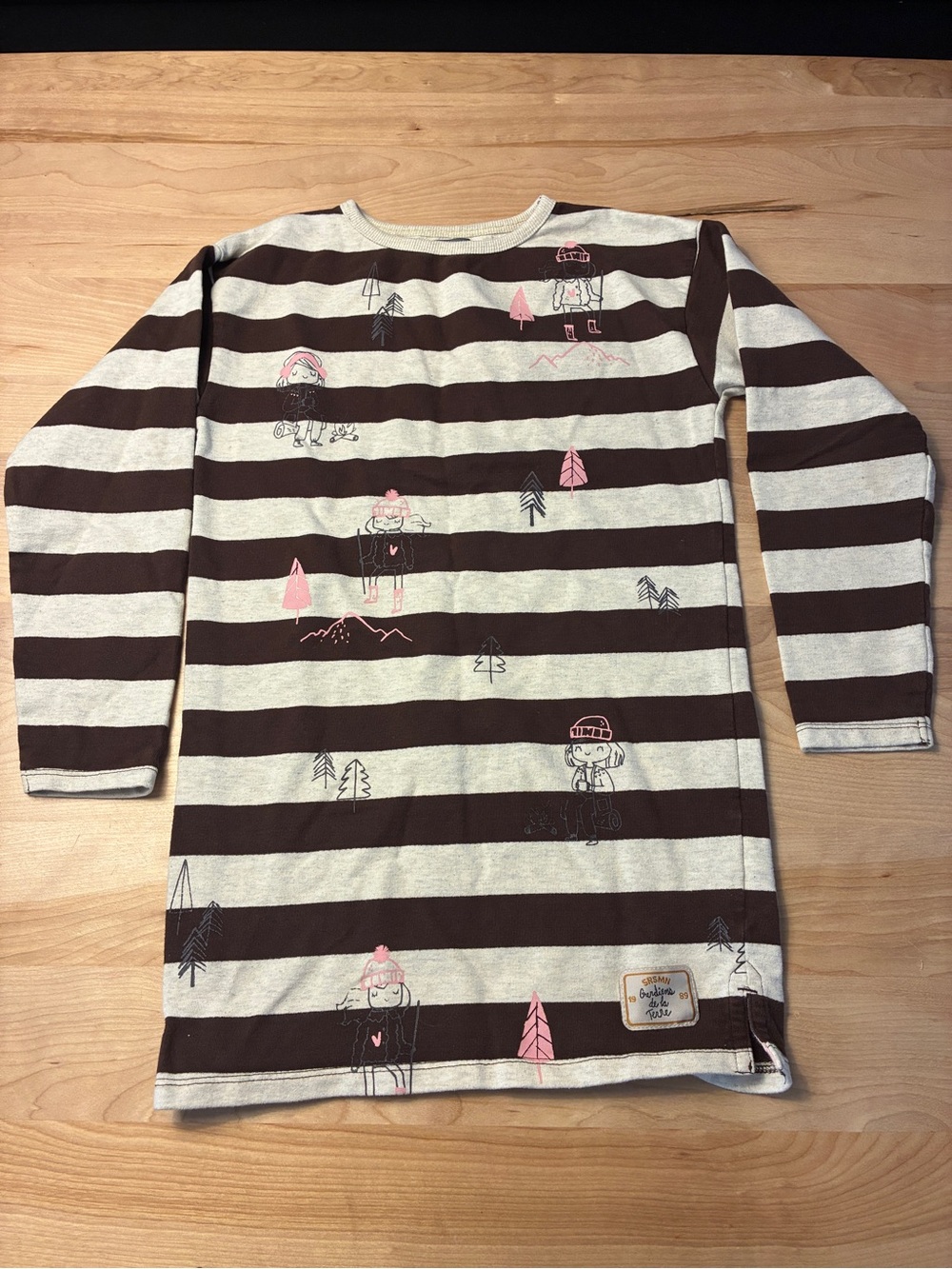 Souris Mini - Girls' Brown & Cream Striped Long Sleeve Dress with Pink Accents